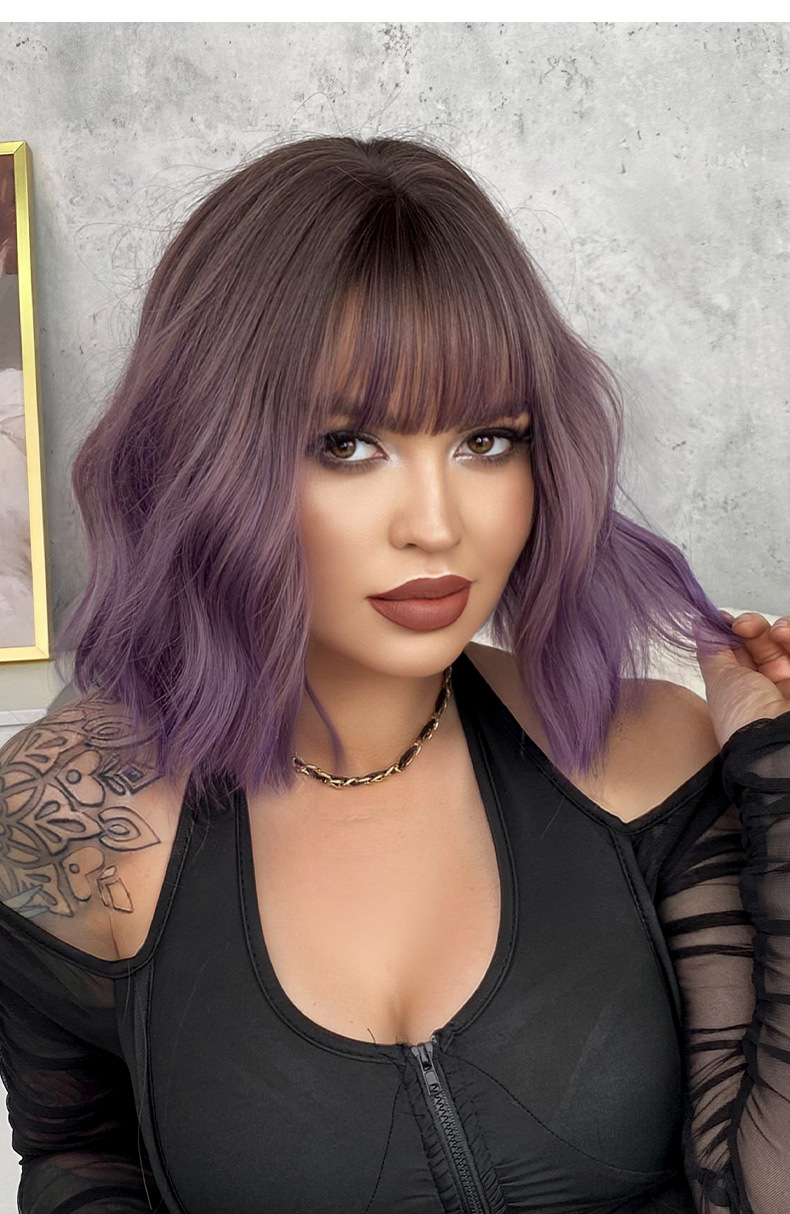 Purple Water Ripple Wig Pear Flower Short Curly Air Bangs Women Wig